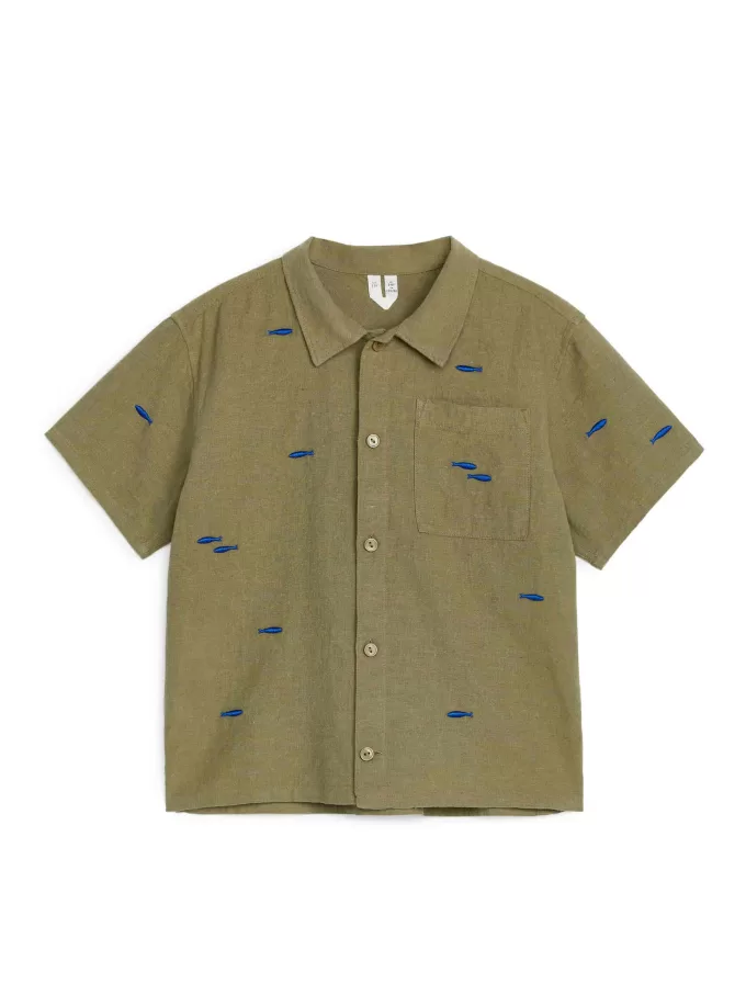 Broderad skjorta i linne-bomull