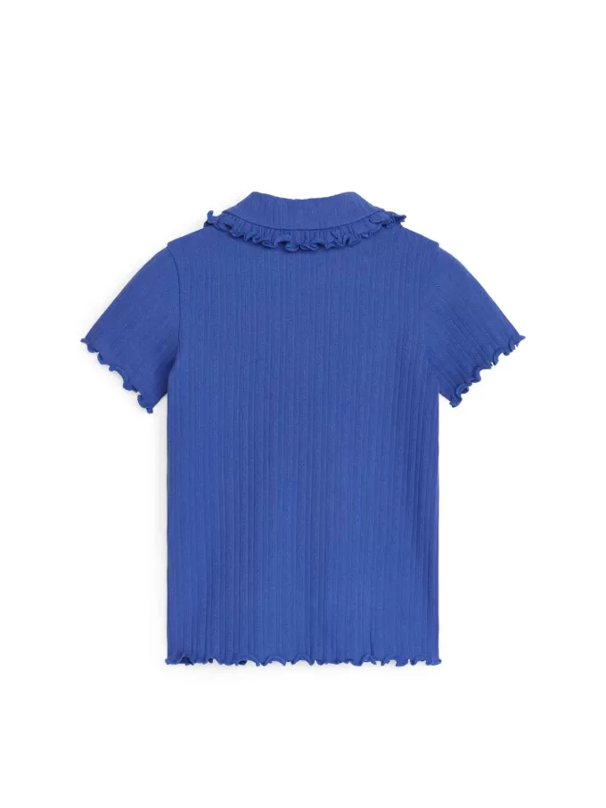 Ribbad jerseytopp med volangkrage