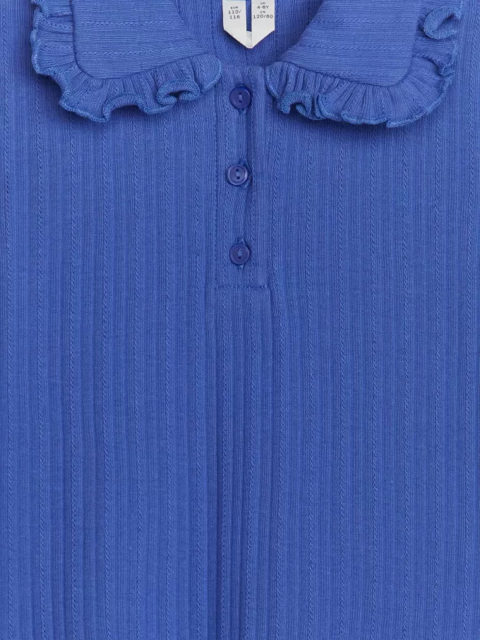 Ribbad jerseytopp med volangkrage