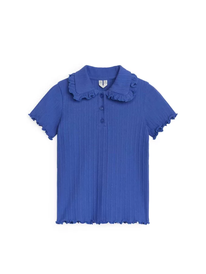 Ribbad jerseytopp med volangkrage