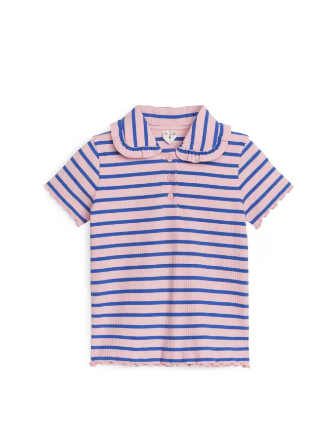 Ribbad jerseytopp med volangkrage